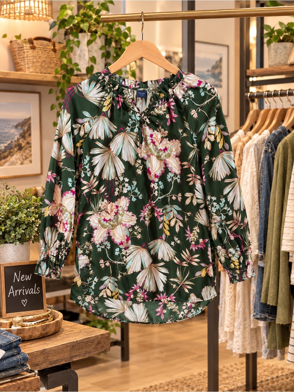 Kaari Blue Dark Green Floral Peasant Blouse